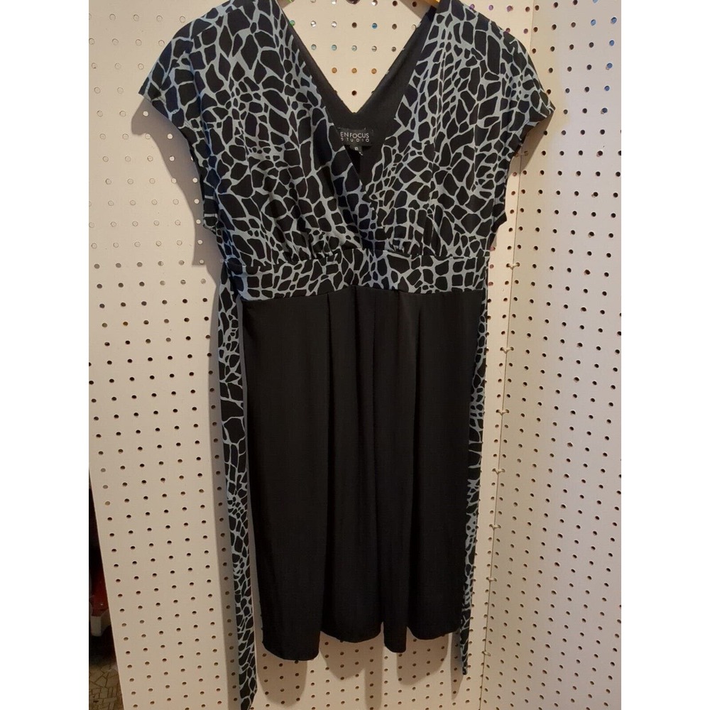 Enfocus Studio Women Black Grey Sleeveless Animal Print Dress Fit Flare Size 10